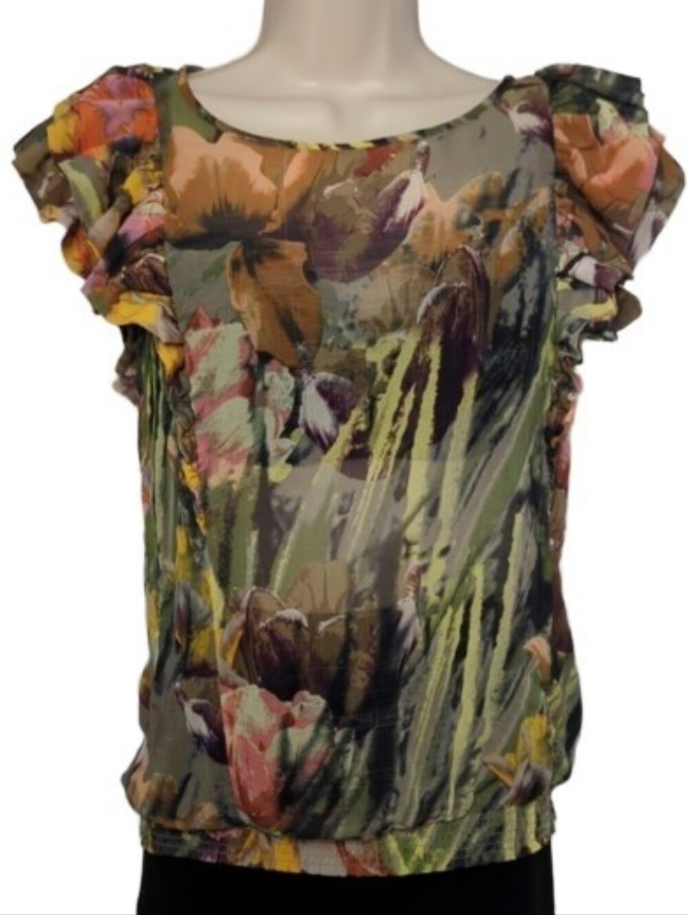 Ted Baker London Olive Green Forest Fairy Grunge Watercolor Floral Blouse 0 US 2